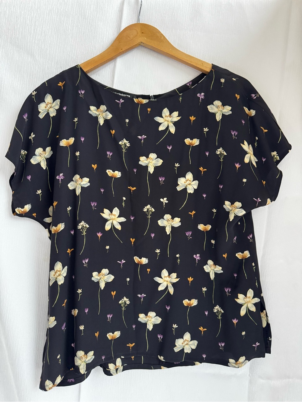 Liz Claiborne Women's Black/Multicolor Floral 100% Silk Zip Back Blouse Sz 14